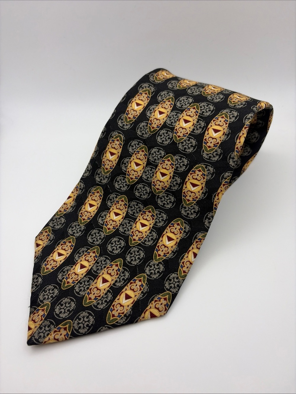 Lands’ End 100% Silk Men’s Black Geometric Print Necktie Made In USA